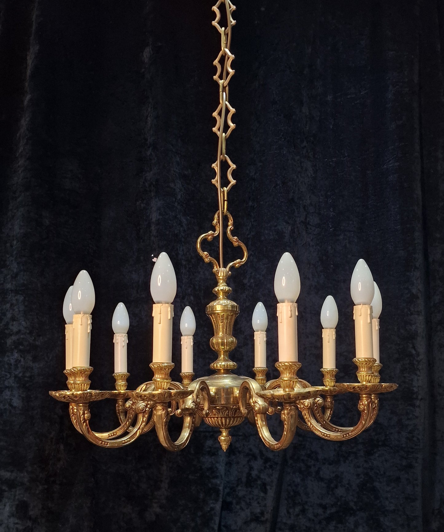 Stately Heavy Vintage French Empire Style 10 Arm Brass Chandelier Ceiling Light