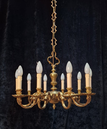 Stately Heavy Vintage French Empire Style 10 Arm Brass Chandelier Ceiling Light
