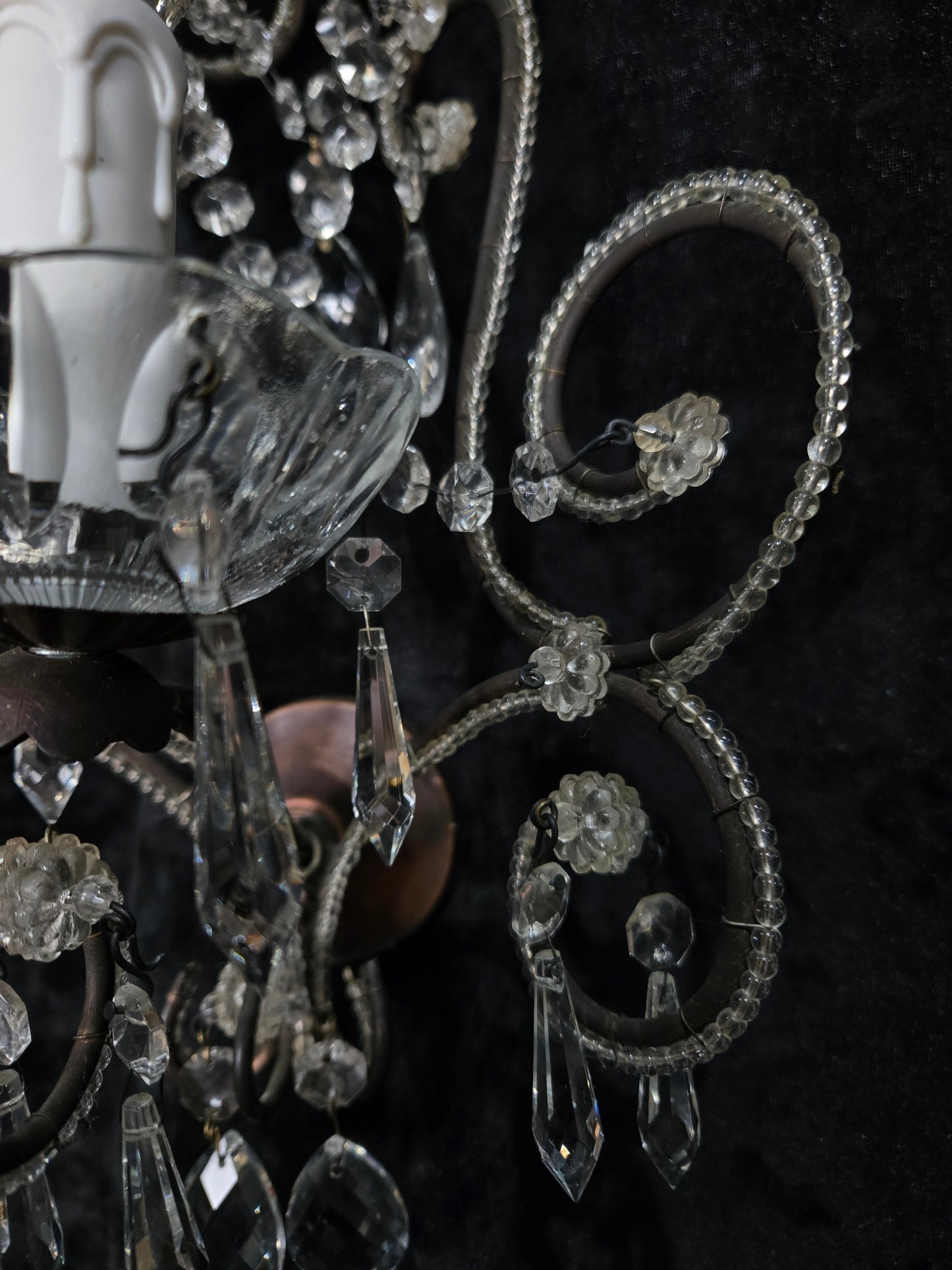 Elegant Pair Vintage Italian Venetian Style Crystal Glass and Iron Wall Lights