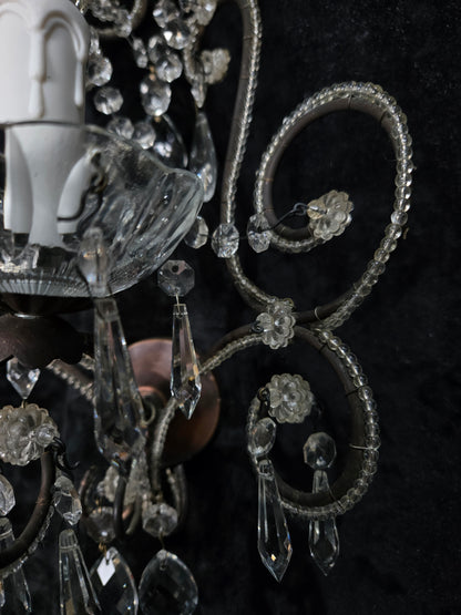 Elegant Pair Vintage Italian Venetian Style Crystal Glass and Iron Wall Lights