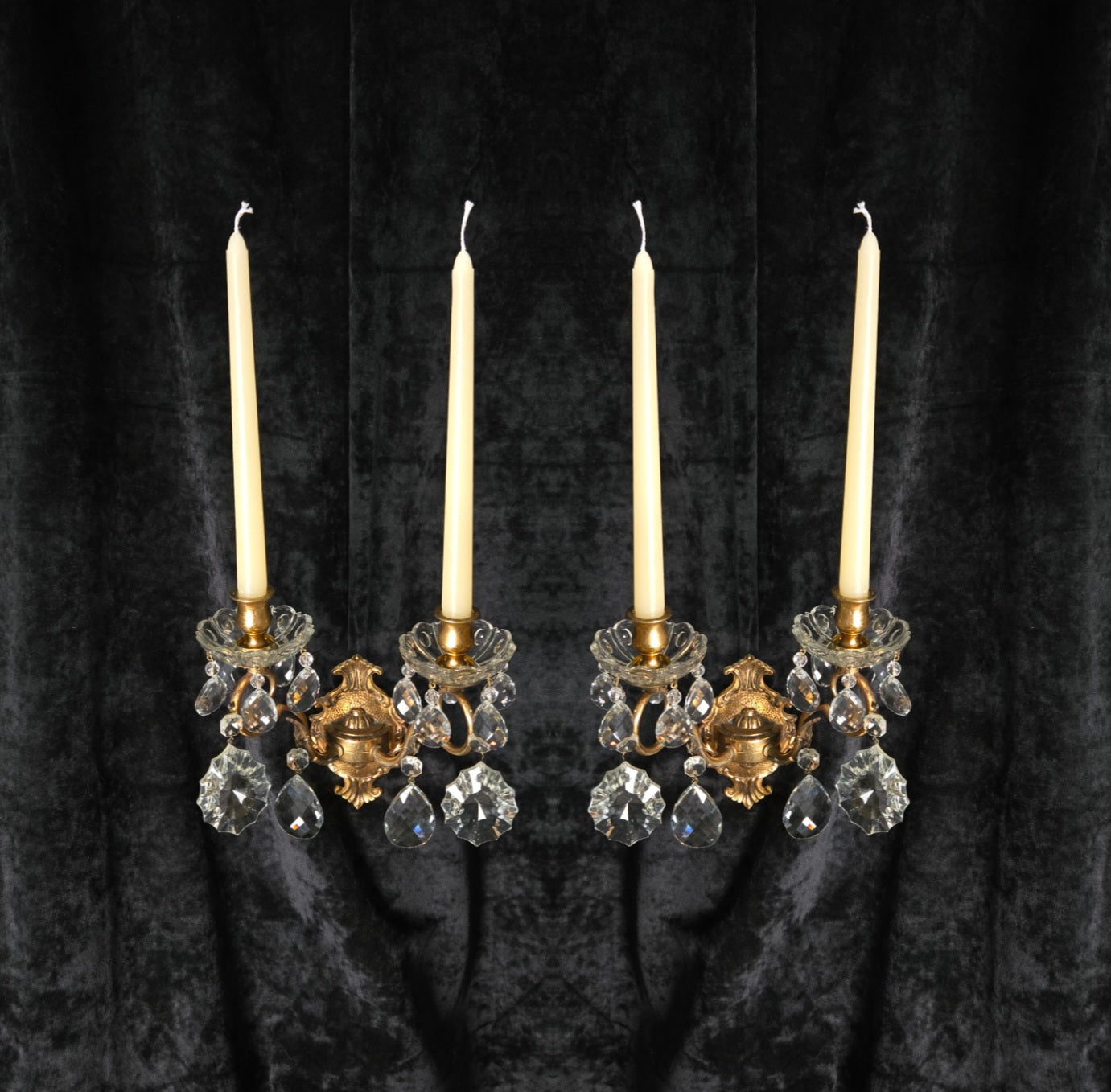 Gorgeous Pair of Vintage Italian 2 Arm Brass Crystal Candle Wall Lights Sconces