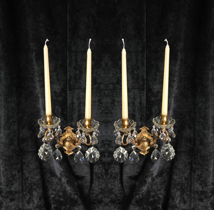 Gorgeous Pair of Vintage Italian 2 Arm Brass Crystal Candle Wall Lights Sconces