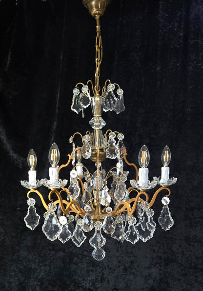 Gorgeous Antique French 6 Arm 7 Light Brass Bronze Cage Crystal Chandelier Light