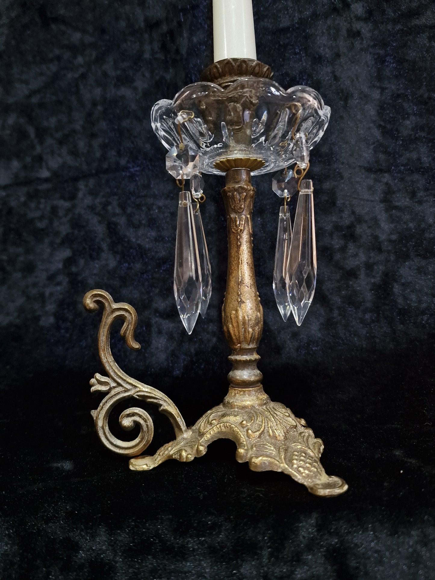 Lovely Pair of Elegant Vintage Italian Brass and Glass Crystal Candlesticks