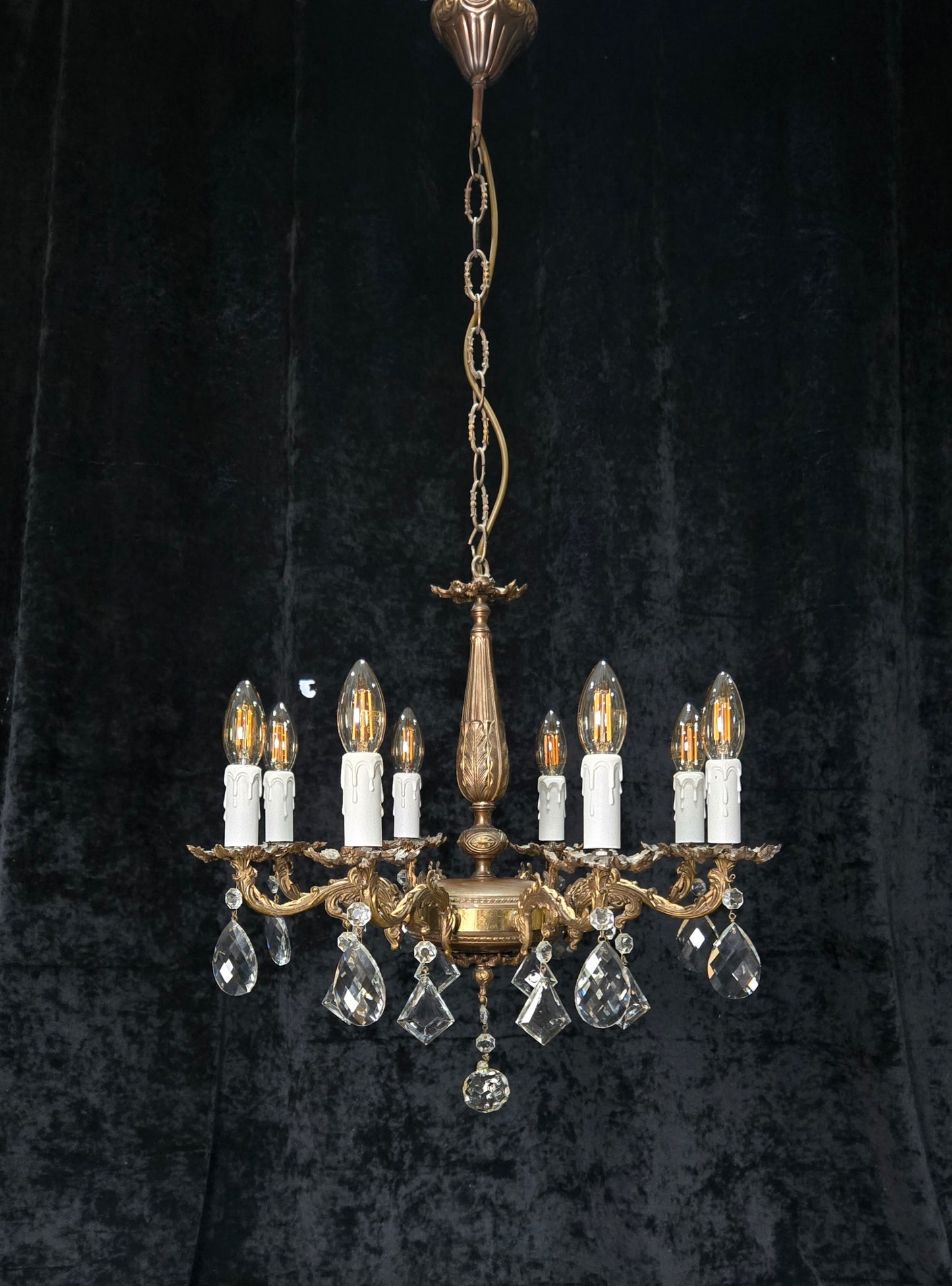 Fabulous Vintage Italian 8 Arm Brass Flower Crystal Chandelier Ceiling Light