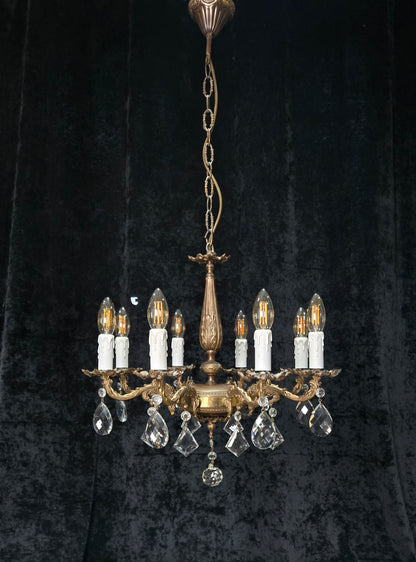 Fabulous Vintage Italian 8 Arm Brass Flower Crystal Chandelier Ceiling Light