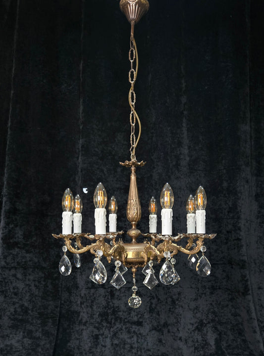 Fabulous Vintage Italian 8 Arm Brass Flower Crystal Chandelier Ceiling Light