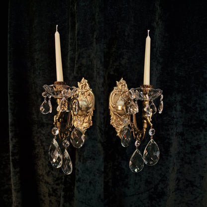 Fabulous Pair Italian Vintage Candle Cherub Brass Crystal Wall Sconces Lights