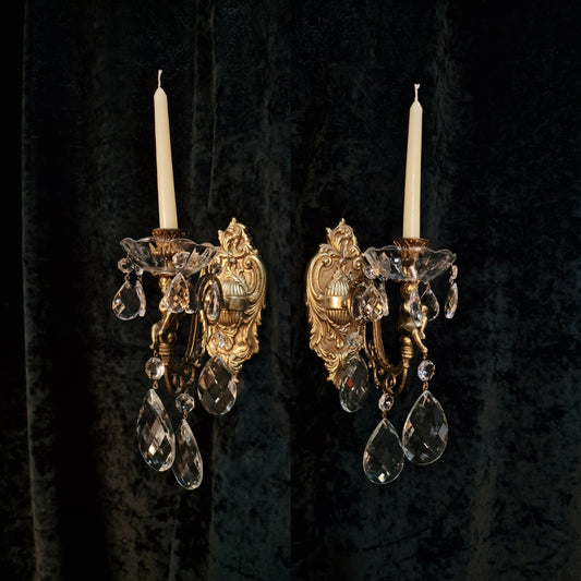 Fabulous Pair Italian Vintage Candle Cherub Brass Crystal Wall Sconces Lights