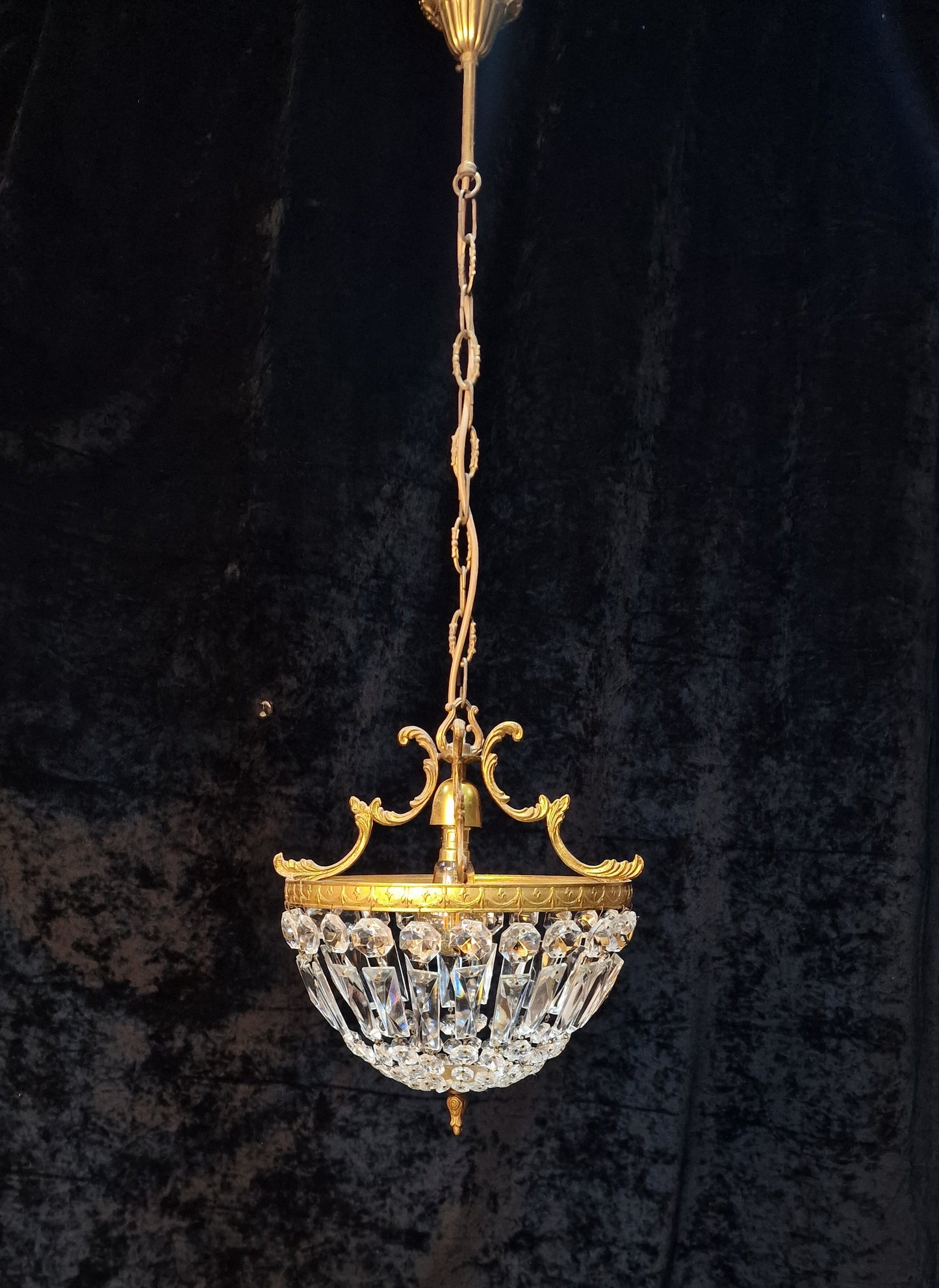Lovely Vintage French 1 Light Brass Crystal Half Bag Montgolfiere Chandelier
