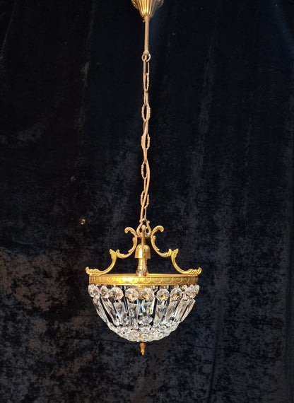 Lovely Vintage French 1 Light Brass Crystal Half Bag Montgolfiere Chandelier