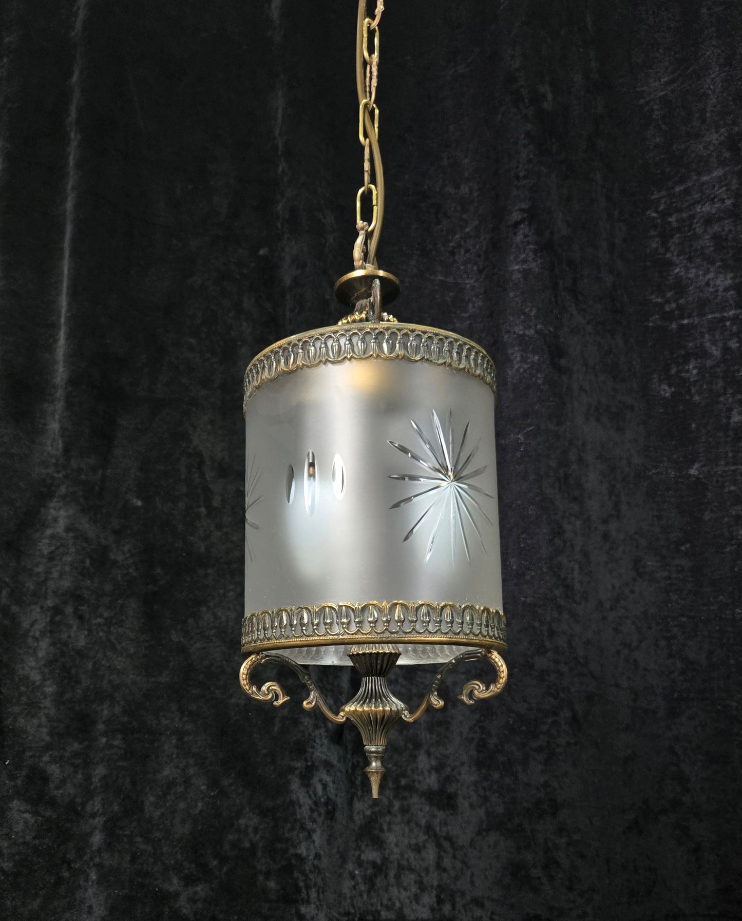 Elegant Vintage Italian Cylinder Cut Glass Starburst Brass 3 Light Lantern