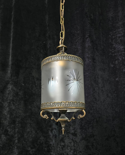 Elegant Vintage Italian Cylinder Cut Glass Starburst Brass 3 Light Lantern