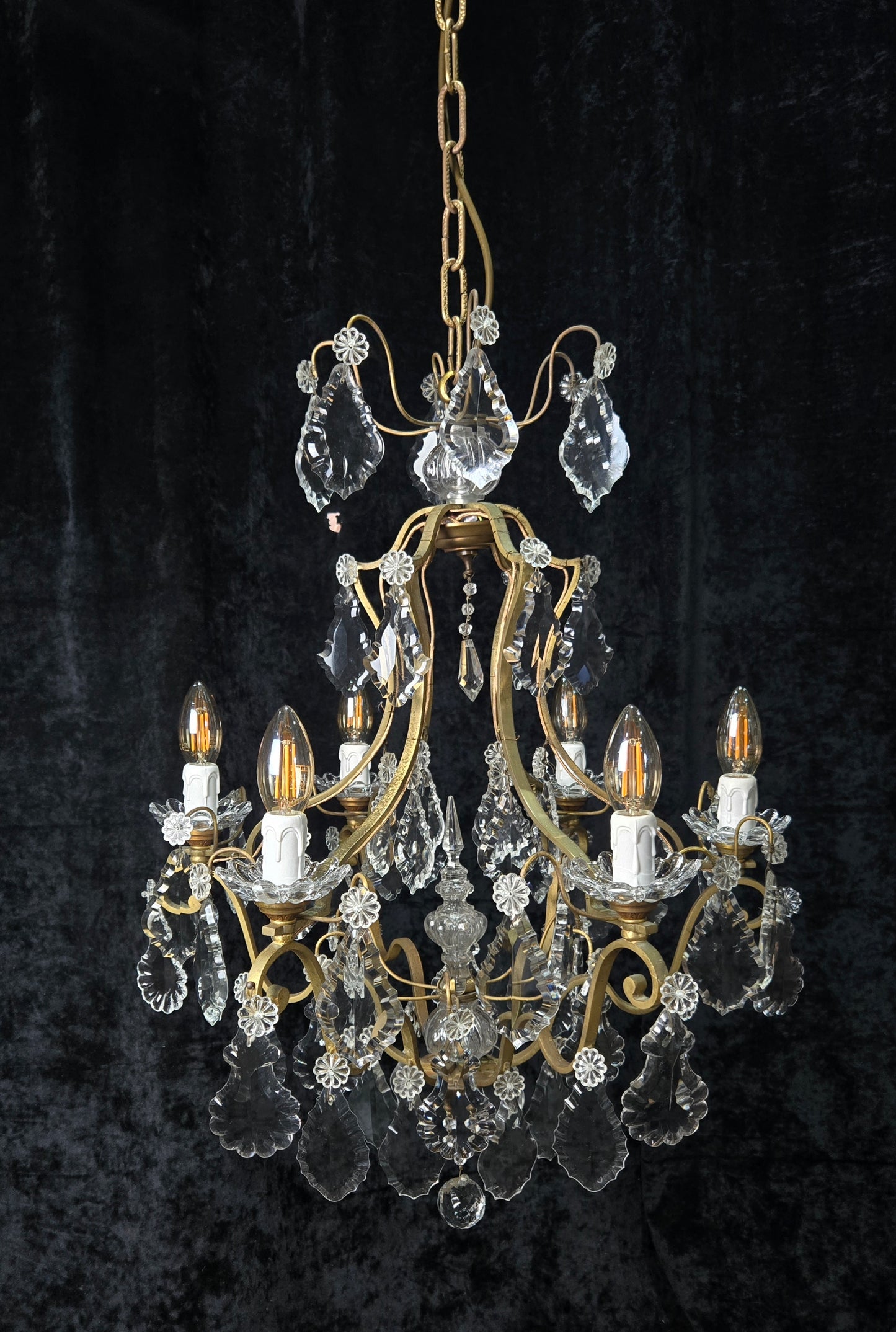 Classical Antique French 6 Arm Caged Bronze Crystal Chandelier Ceiling Light