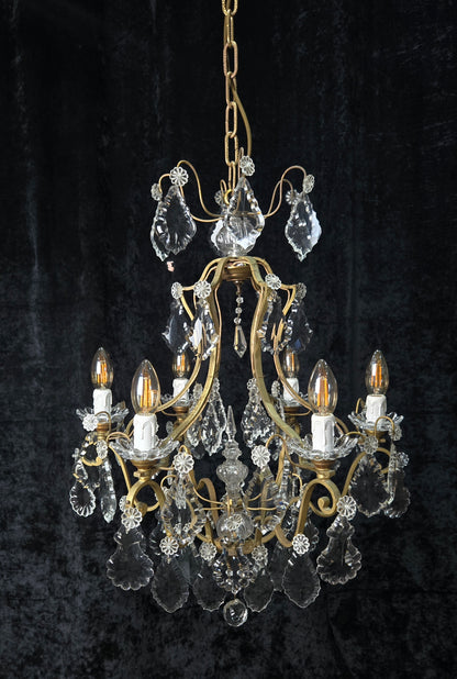 Classical Antique French 6 Arm Caged Bronze Crystal Chandelier Ceiling Light
