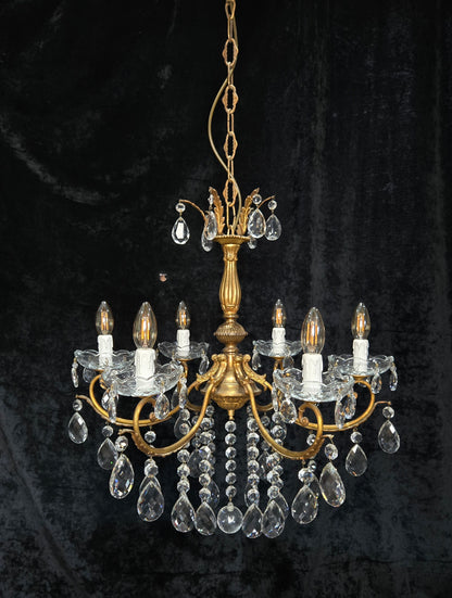 Gorgeous Heavy Vintage Italian 6 Arm Brass Leaf Crystal Chandelier Ceiling Light