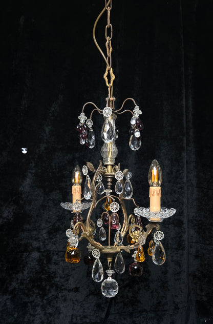 Exquisite Antique French 2 Arm Caged Murano Crystal Brass Chandelier Light