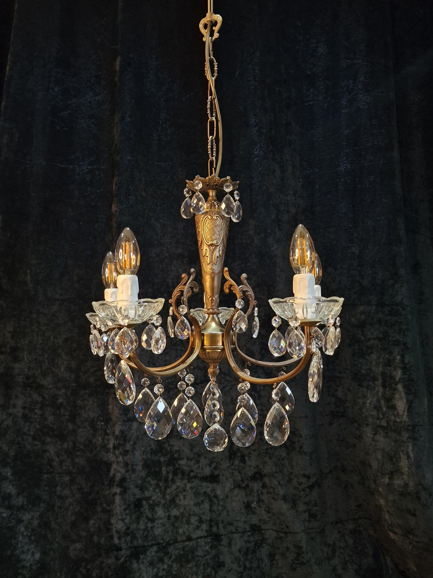 Lovely Elegant Vintage Italian 5 Arm Brass Crystal Chandelier Ceiling Light