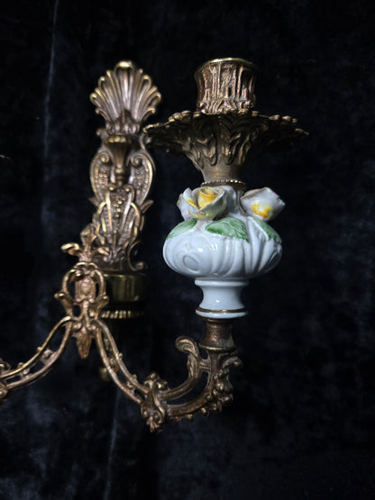 Beautiful Pair Vintage Italian 2 Arm Brass Porcelain Candle Wall Lights Sconces