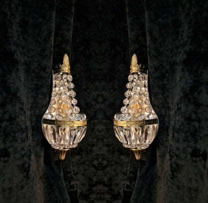 Gorgeous Pair of Vintage French Brass Crystal Montgolfiere Sconces Wall Lights