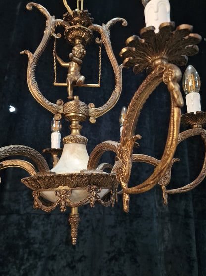 Fabulous Vintage Spanish Heavy Gilded Spelter 6 Arm Cherub Chandelier Light