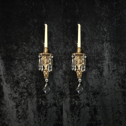 Decorative Pair Vintage Italian Brass Crystal Cherub Candle Wall Lights Sconces