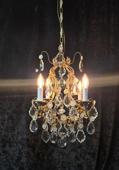 Gorgeous Heavy Antique French 4 Arm Caged Bronze Crystal Chandelier Light