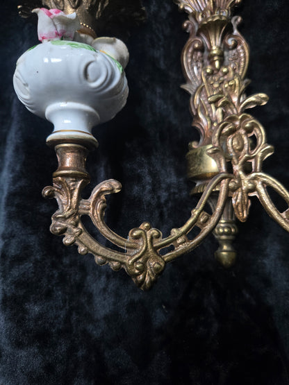 Beautiful Pair Vintage Italian 2 Arm Brass Porcelain Candle Wall Lights Sconces
