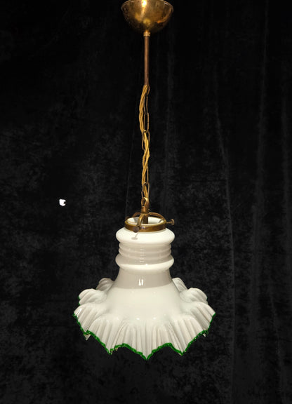 Fabulous Antique French Large Opaline Glass Shade Green Edging Brass Light