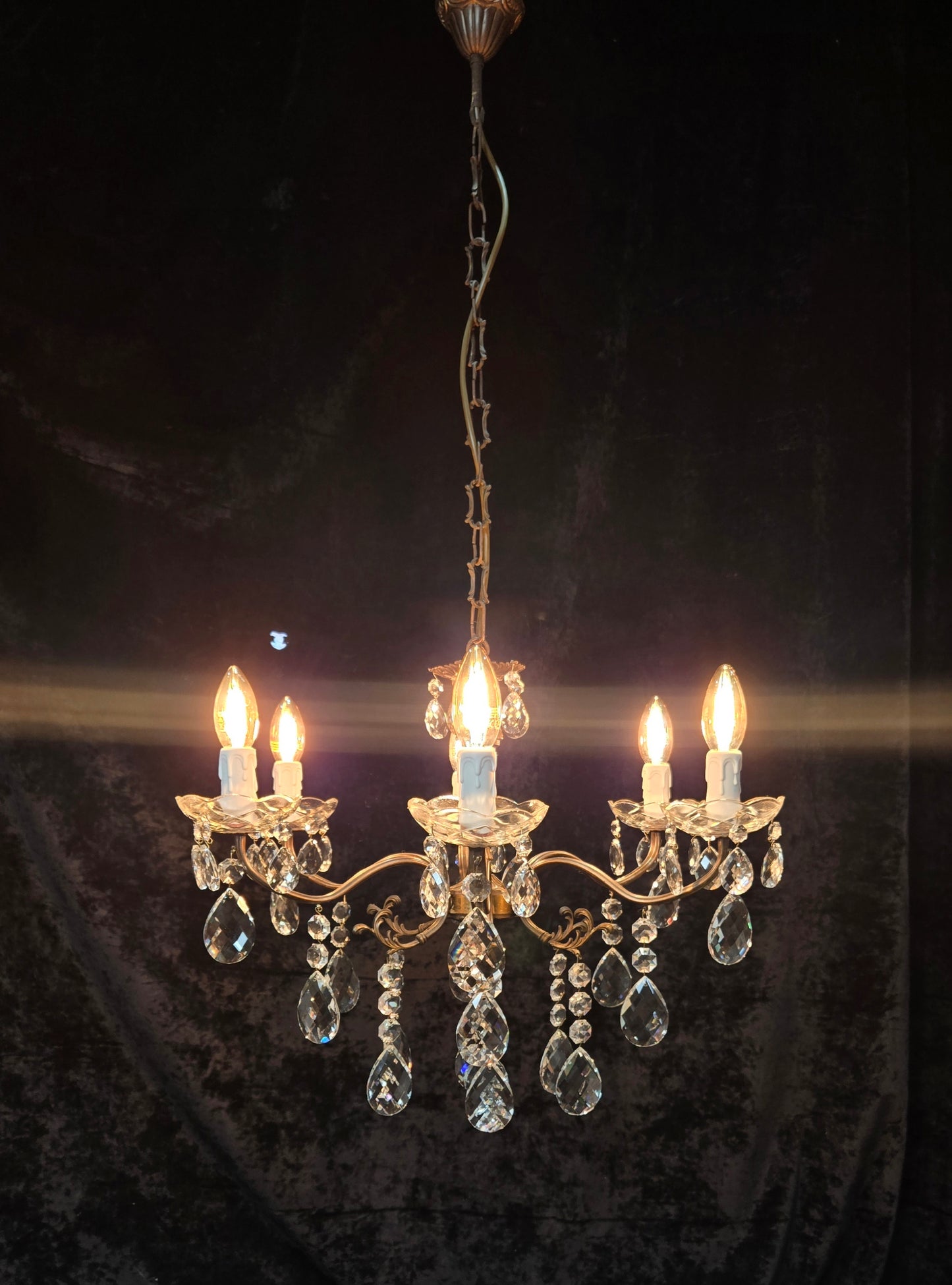 Traditional Vintage French 6 Arm Brass Crystal Glass Chandelier Ceiling Light