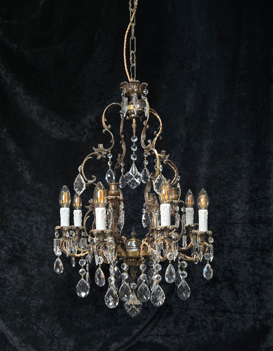 Fabulous Antique Italian 8 Arm 4 Candle Cage Brass Crystal Chandelier Light