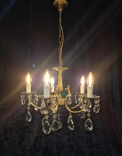 Beautiful Vintage French 5 Arm Brass and Crystal Chandelier Ceiling Light