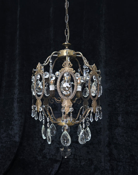 Elegant Vintage Italian Large 3 Arm Cage Crystal Brass Chandelier Ceiling Light