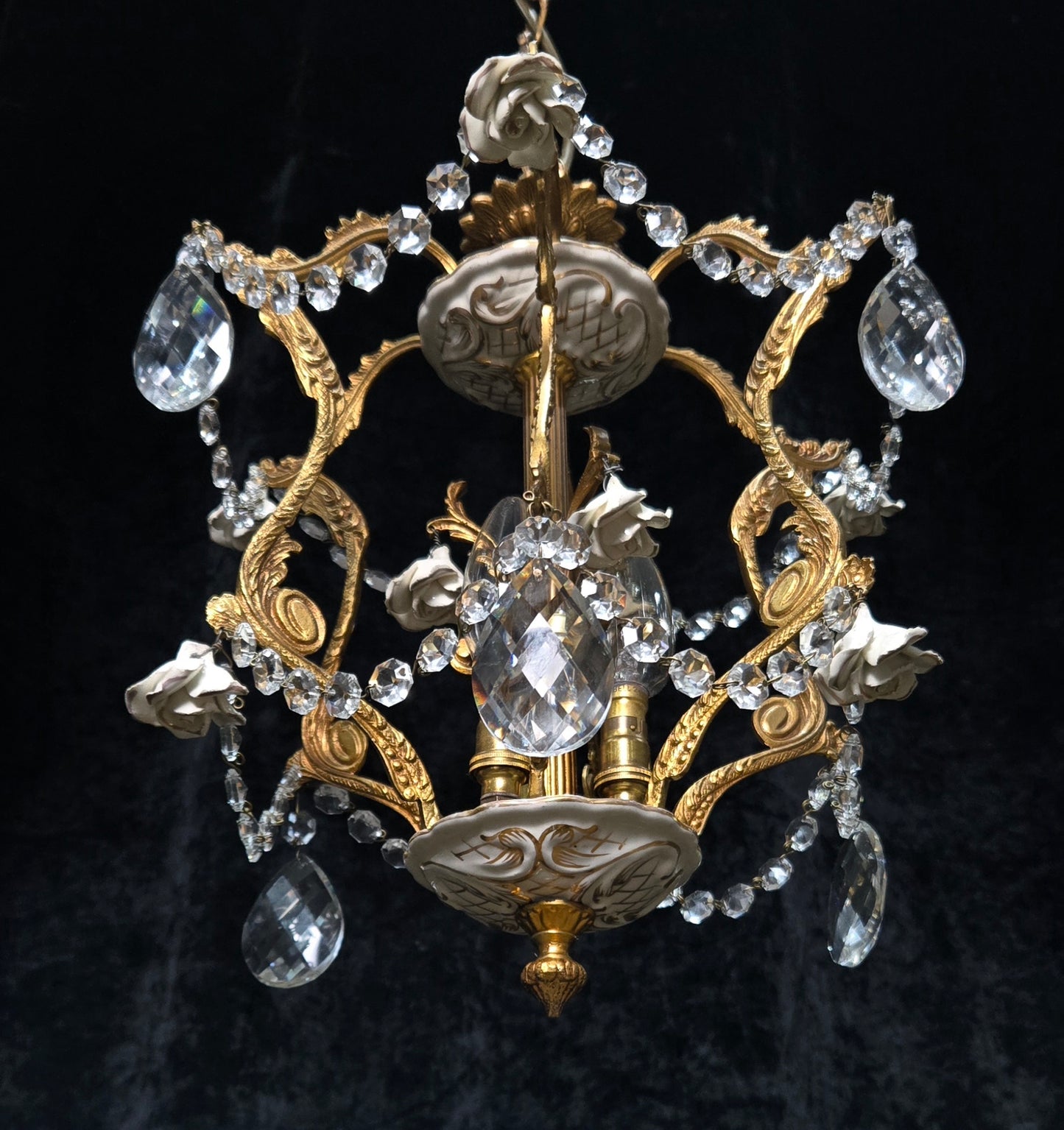 Lovely Vintage Spanish 3 Light Crystal and Brass Ceramic Roses Cage Chandelier
