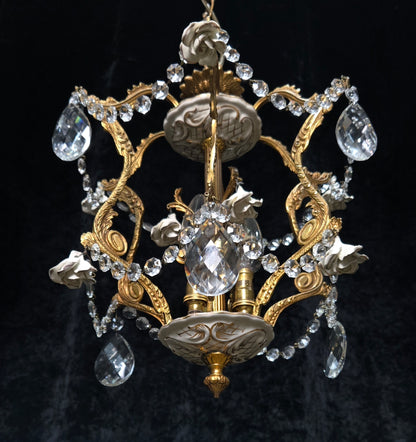 Lovely Vintage Spanish 3 Light Crystal and Brass Ceramic Roses Cage Chandelier