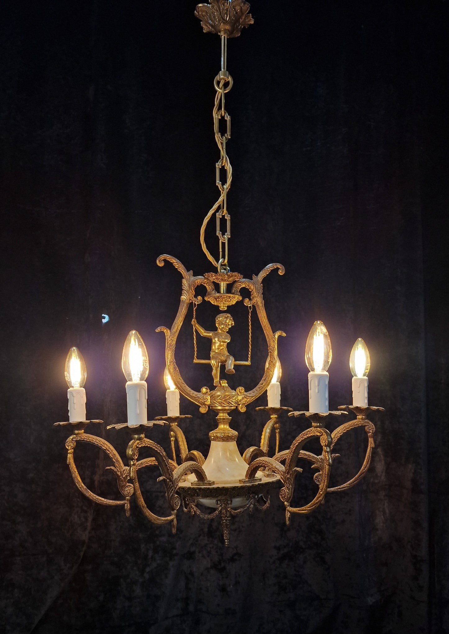 Fabulous Vintage Spanish Heavy Gilded Spelter 6 Arm Cherub Chandelier Light