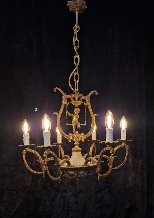 Fabulous Vintage Spanish Heavy Gilded Spelter 6 Arm Cherub Chandelier Light