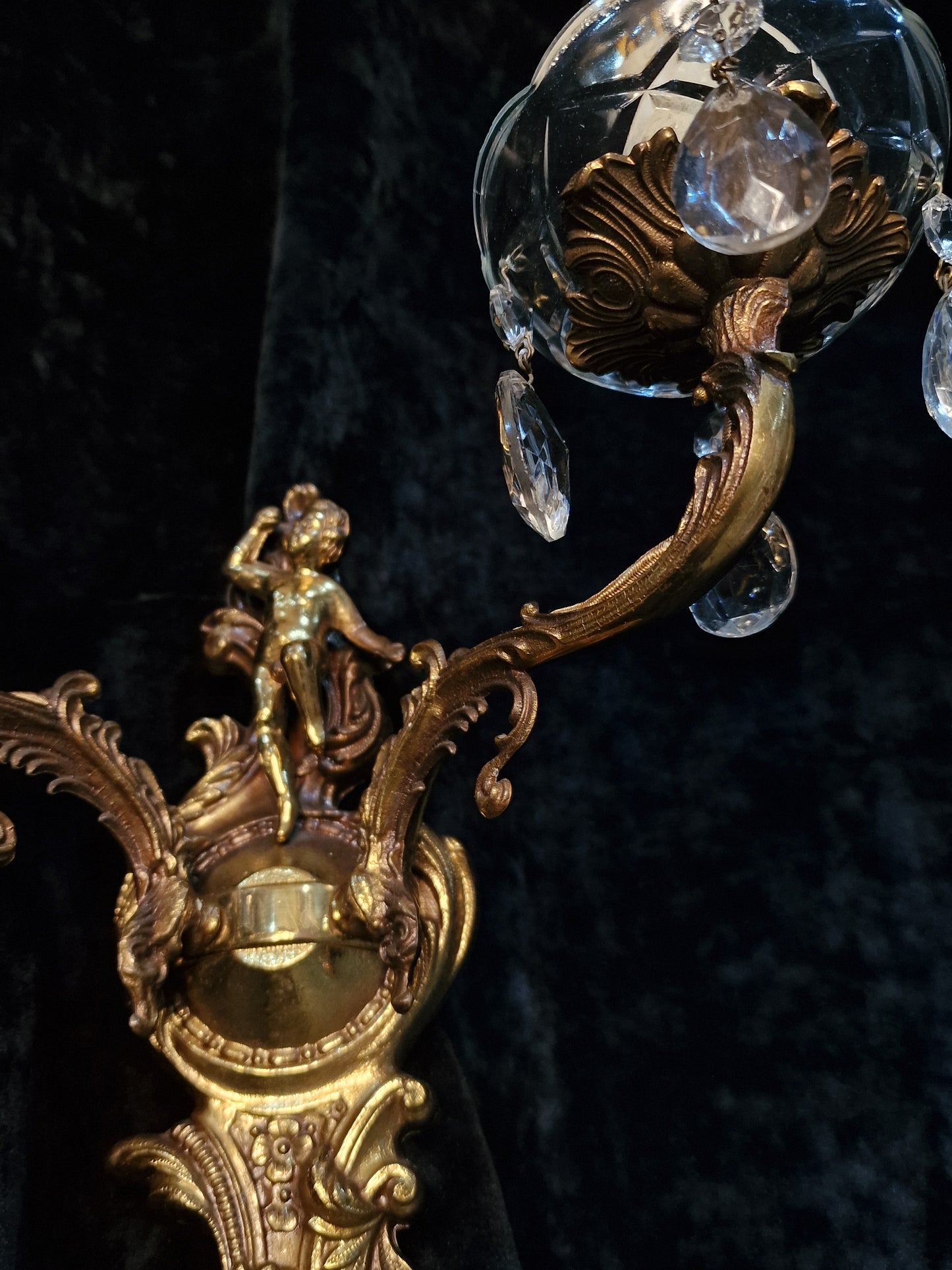 Fabulous Pair Vintage Italian 2 Arm Brass Cherub Crystal Wall Lights Sconces