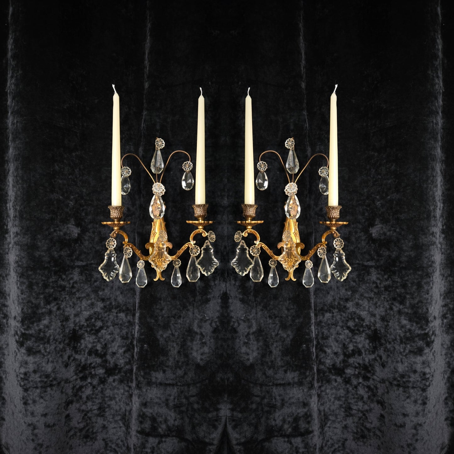 Beautiful Pair Antique French Gilt Bronze Brass 2 Arm Crystal Candle Wall Lights