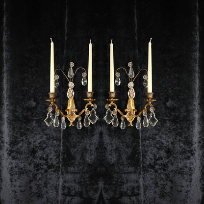 Beautiful Pair Antique French Gilt Bronze Brass 2 Arm Crystal Candle Wall Lights