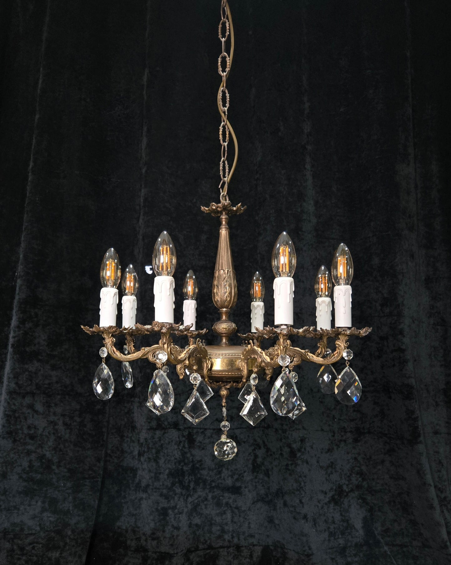 Fabulous Vintage Italian 8 Arm Brass Flower Crystal Chandelier Ceiling Light