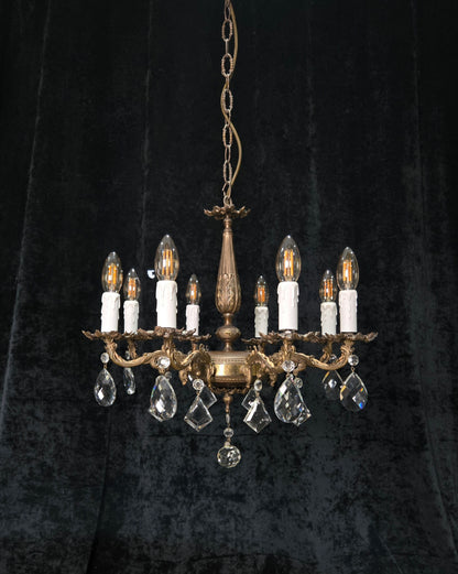 Fabulous Vintage Italian 8 Arm Brass Flower Crystal Chandelier Ceiling Light