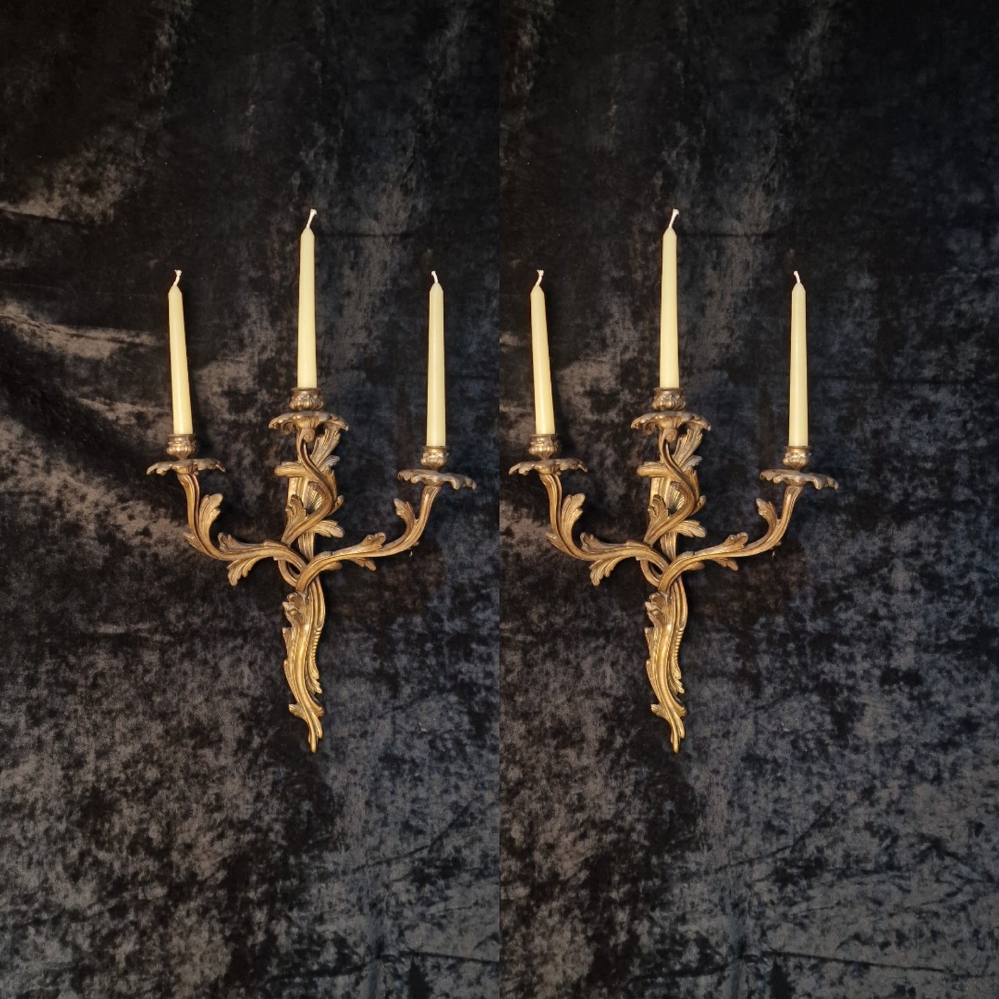 Gorgeous Pair Large 3 Arm Antique French Solid Brass Candle Wall Lights Sconces