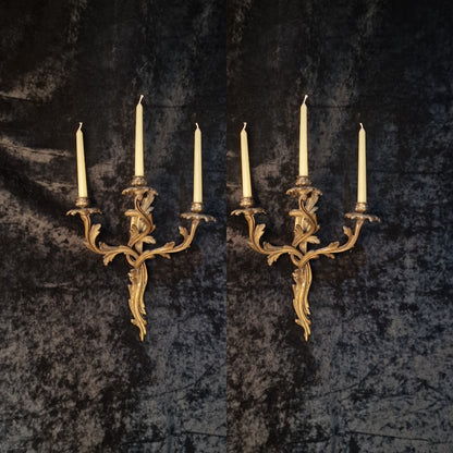 Gorgeous Pair Large 3 Arm Antique French Solid Brass Candle Wall Lights Sconces