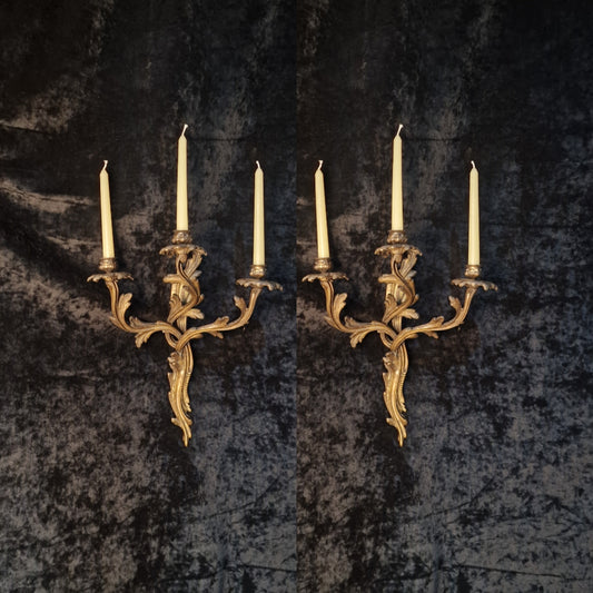 Gorgeous Pair Large 3 Arm Antique French Solid Brass Candle Wall Lights Sconces