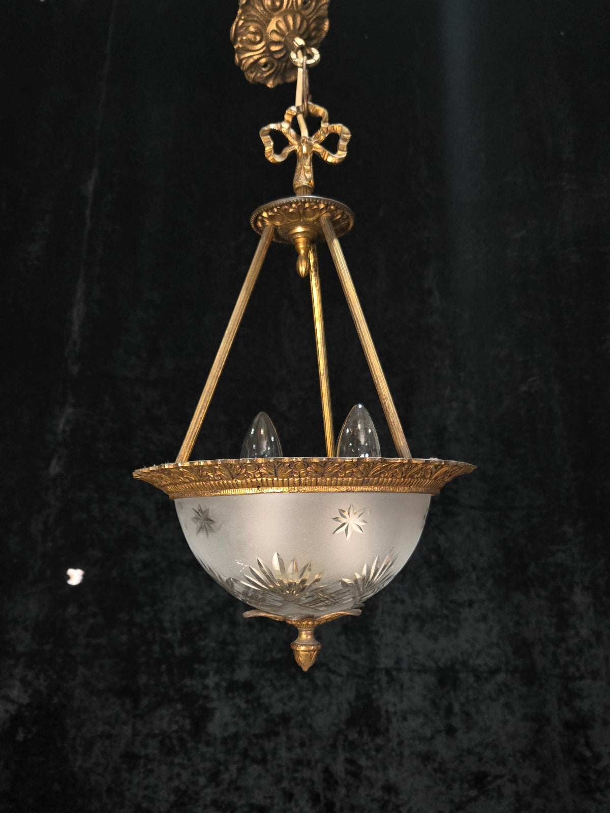 Lovely Vintage Brass Cut Glass Starburst 2 Light Spanish Lantern Chandelier