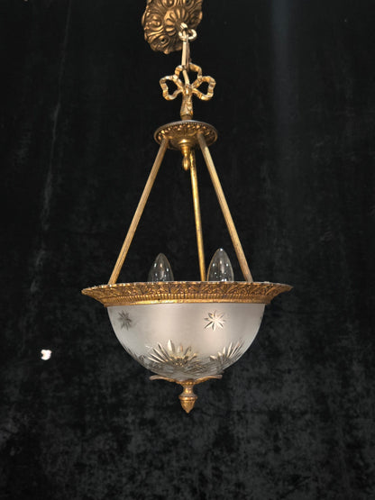 Lovely Vintage Brass Cut Glass Starburst 2 Light Spanish Lantern Chandelier
