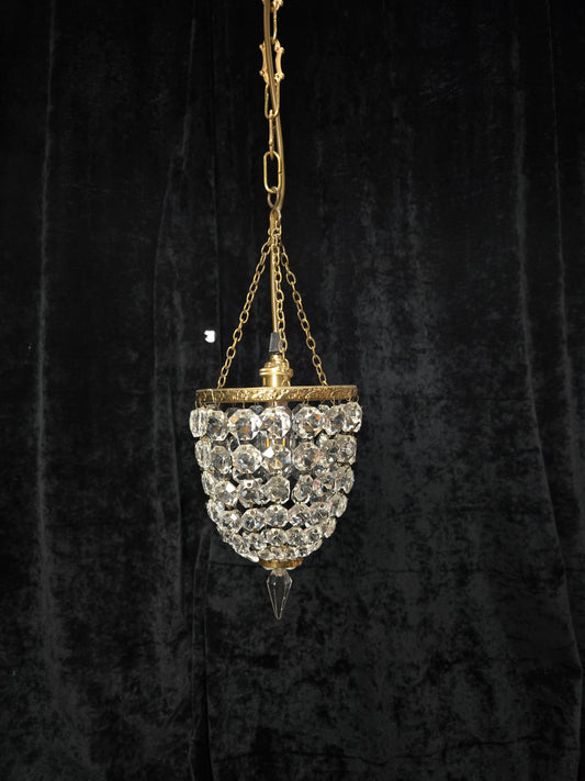 Petite Antique French Crystal Half Bag Brass 1 Light Chandelier Ceiling Light