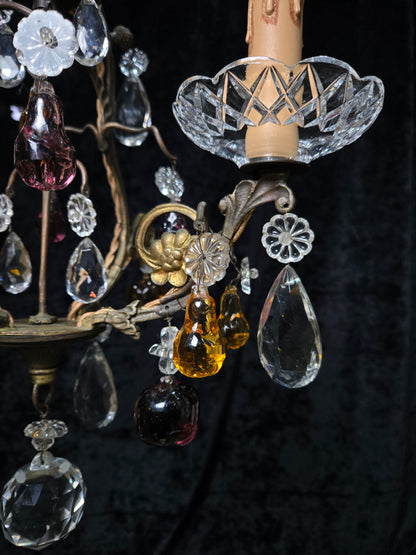 Exquisite Antique French 2 Arm Caged Murano Crystal Brass Chandelier Light