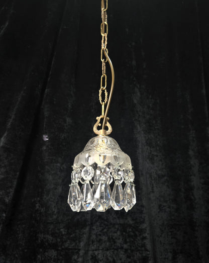 Stunning Petite Cut Glass Crystal Antique Shade Brass Pendant Light Chandelier